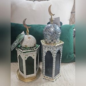 2 pc Blue & Green Mosques Masjid Mosaic Candle Lantern Holder Ramadan Eid Decor!